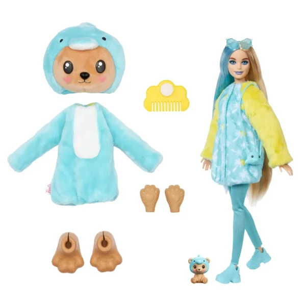 New Cutie Reveal Bambola Con Costume Di Peluche Da Orsacchiotto-Delfino E 10 Accessori A Sorpresa Cambia Colore, Serie Amici Cuccioli Fashion Dolls
