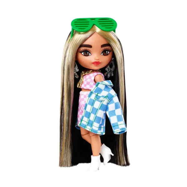 New -Extra Minis Mini Bambola Articolata Con Giacca A Quadri E Morbidi Capelli Bicolore, Giocattolo Per Bambini 3+ Anni, Hgp64 Fashion Dolls