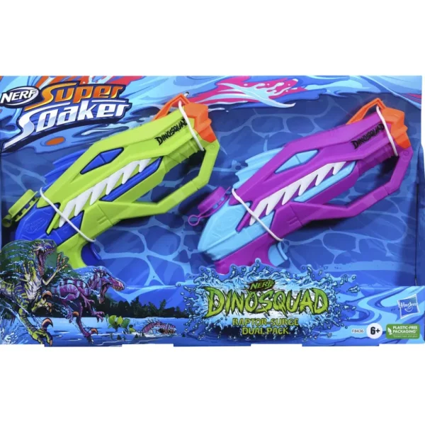 Hot Super Soaker Dinosquad, 2 Raptor-Surge, Include 2 Soaker Con Design A Forma Di Dinosauro Pistole Ad Acqua